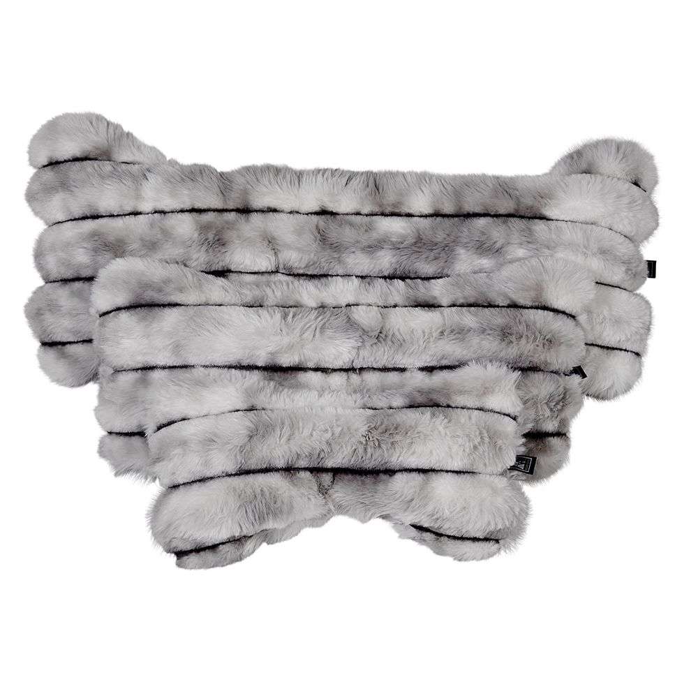 Silver Fox Bowsers Bumper Bone Pillow gray furry dog toys stacked together in multiple soft bone-shaped sizes