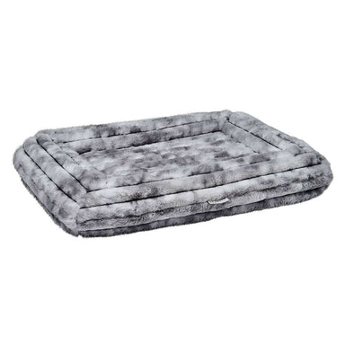 Silver Fox Bowsers Hugo Futon Dog Bed features gray faux fur with layered cushioned edges and a plush sleeping surface