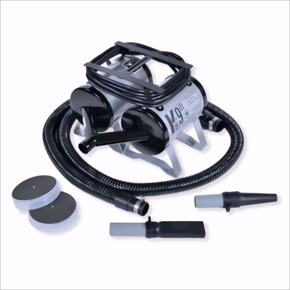 Silver K-9 III Dog Dryer comes with flexible hoses, interchangeable nozzles, and removable round filters for grooming pets
