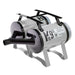 Silver K-9 III Dog Dryer features a glossy silver metal body, front air nozzle, and elevated legs for portable pet grooming