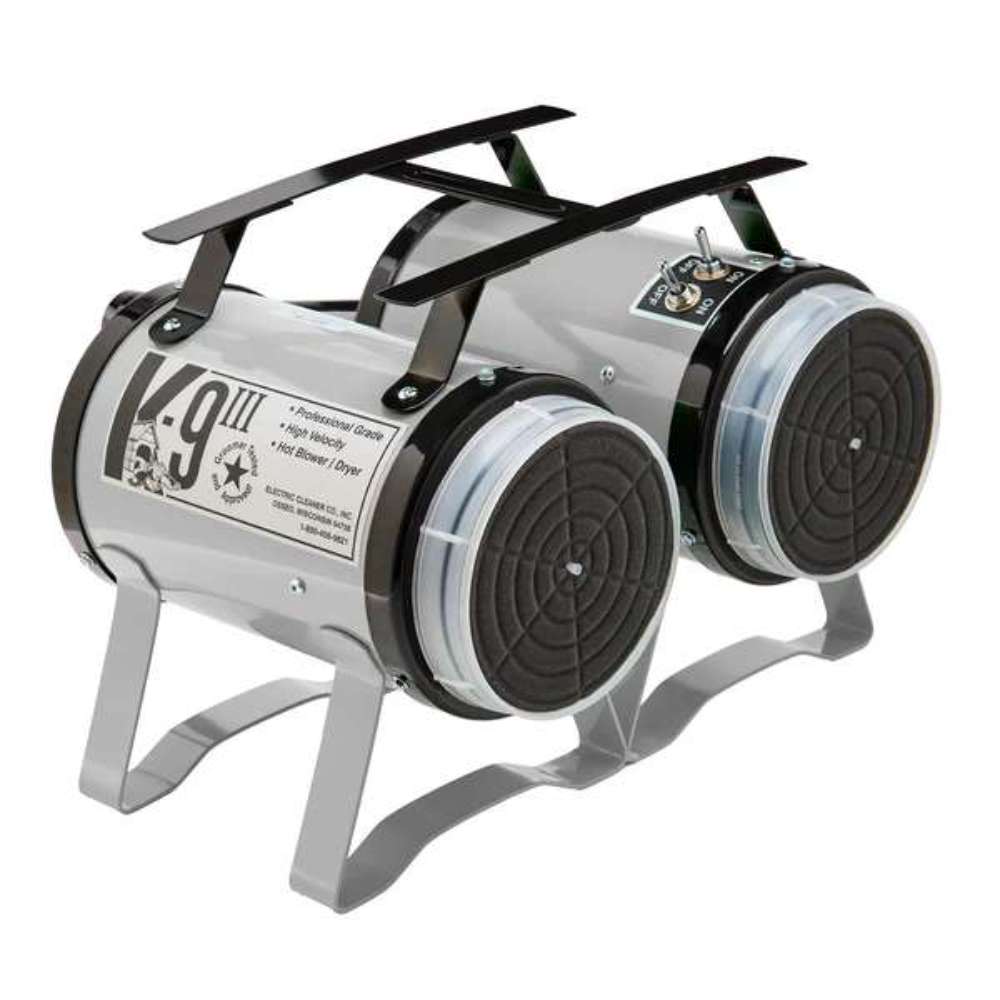 Silver K-9 III Dog Dryer has dual rear filters, black carrying handles, and a compact cylindrical design for high-velocity drying