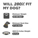 Simple chart shows size guidelines for Dogtra 280X Remote Trainer 2 Dog System, indicating it fits dogs 10–100+ lbs with at least a 7-inch neck