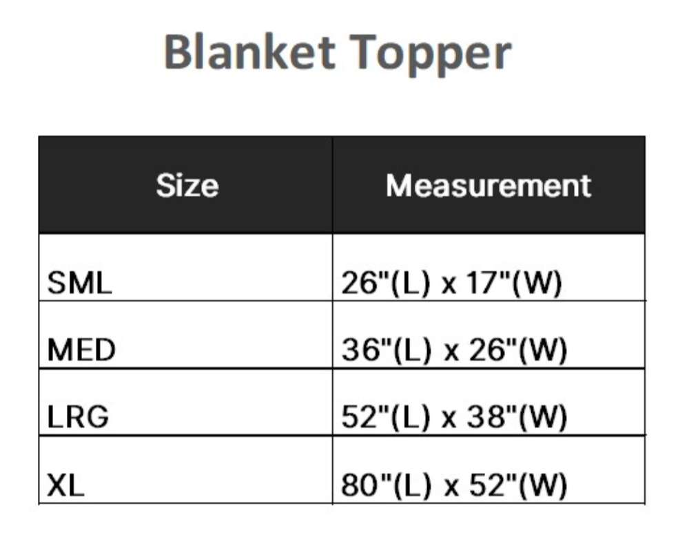 Size chart for Bowsers Blanket Topper shows four options, small, medium, large, and extra large, with dimensions listed in inches for length and width