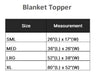 Size chart for Bowsers Blanket Topper shows four options, small, medium, large, and extra large, with dimensions listed in inches for length and width
