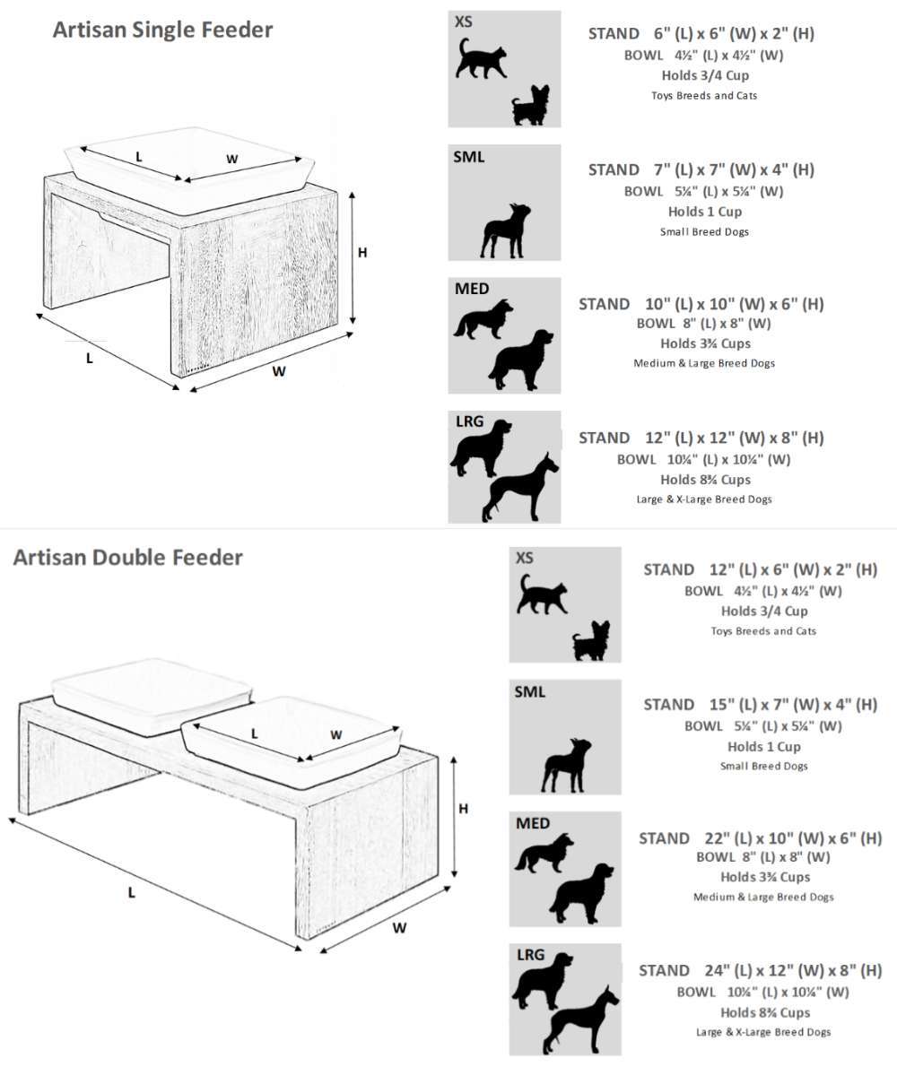 Size chart for Bowsers Fossil Artisan Wood Feeder shows dimensions and bowl capacities for both Single and Double feeder styles