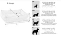 Size guide chart for Bowsers B Lounge Dog Bed shows dimensions and recommended dog breeds for each pet bed size