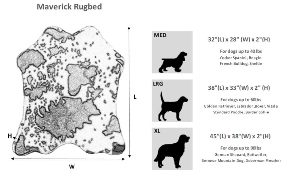 Size guide chart for Bowsers Maverick Rugbed shows medium, large, and extra-large dimensions with recommended dog weights and breed examples