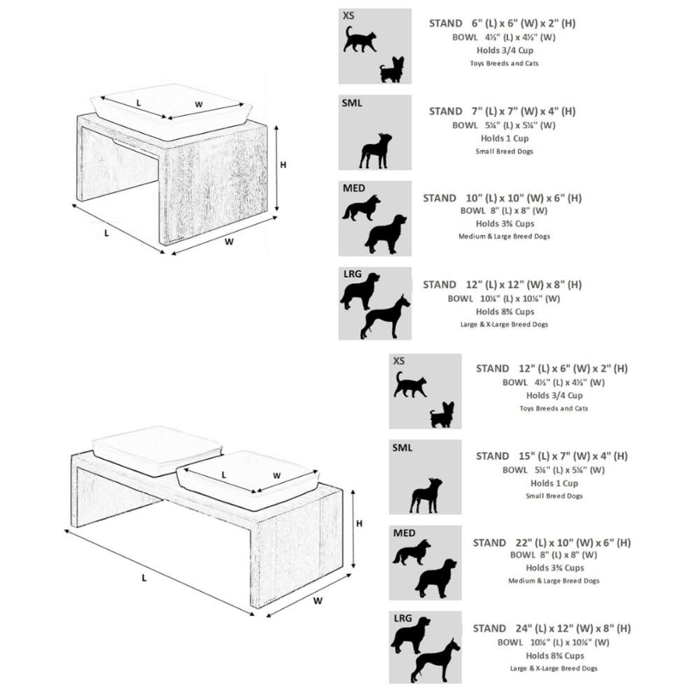 Size guide diagram shows different stand heights and bowl sizes for pets, explaining how to choose the right Bowsers Moderno Wood Feeder for various dog breeds