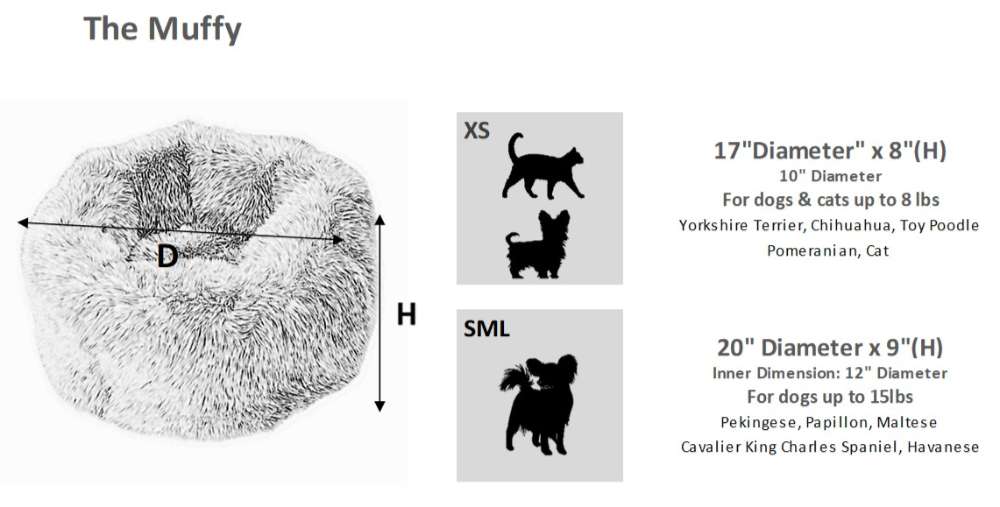 Size guide for Bowsers The Muffy Dog Bed, displaying dimensions, height, and recommended pet sizes with simple dog and cat silhouettes