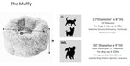 Size guide for Bowsers The Muffy Dog Bed, displaying dimensions, height, and recommended pet sizes with simple dog and cat silhouettes