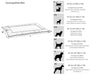 Size guide illustration shows different dimensions and recommended dog breeds for each size of Bowsers Cosmopolitan Mat, helping pet owners choose the right fit