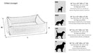 Size guide image for Bowsers Outdoor Urban Lounger Dog Bed shows dimensions and recommended dog breeds for small, medium, large, and extra-large pet beds