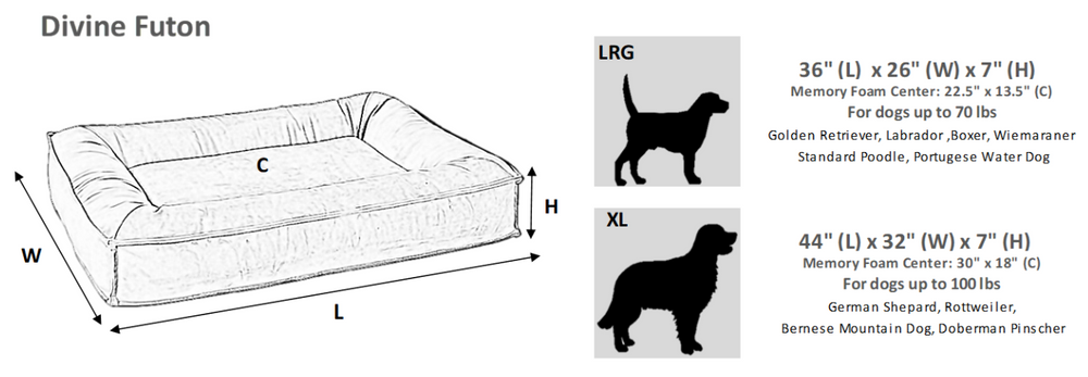 Sizing chart for Bowsers Divine Futon Dog Bed shows large and extra-large dimensions along with recommended dog breeds and weight ranges