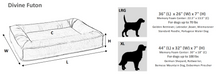 Sizing chart for Bowsers Divine Futon Dog Bed shows large and extra-large dimensions along with recommended dog breeds and weight ranges