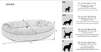 Sizing chart for Bowsers Ovie Dog Bed shows dimensions and recommended dog breeds for each size option