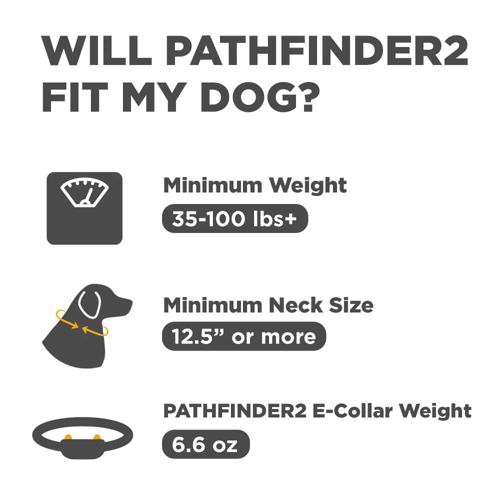 Sizing guide shows Dogtra GPS Pathfinder2 E-Collar 9 Mile Range fits dogs over 35 lbs with necks at least 12.5 inches