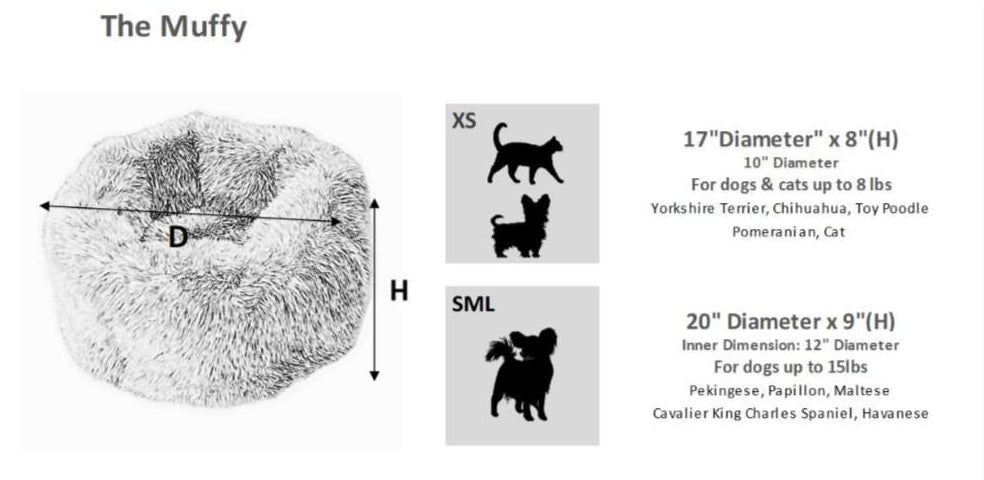 Sizing details for Bowsers The Muffy Dog Bed, including dimensions, weights, and recommended breeds