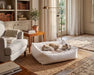 Sleeping dog rests peacefully in a soft white Bowsers B Lounge Dog Bed placed in a bright and cozy living room
