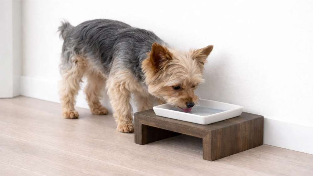 Small Yorkshire Terrier drinks from Bowsers Walnut Artisan Wood Single Feeder, which has a modern walnut wood stand and a white ceramic bowl placed close to the floor