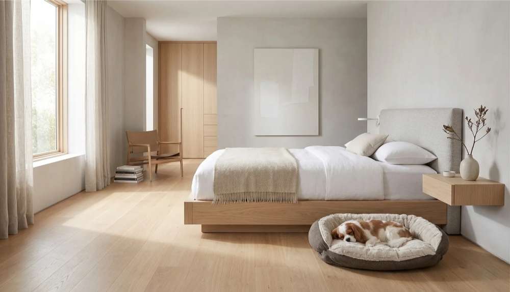 Small dog sleeps comfortably on a soft cream-colored Bowsers Crescent Reversible Dog Bed in a calm and minimalist bedroom