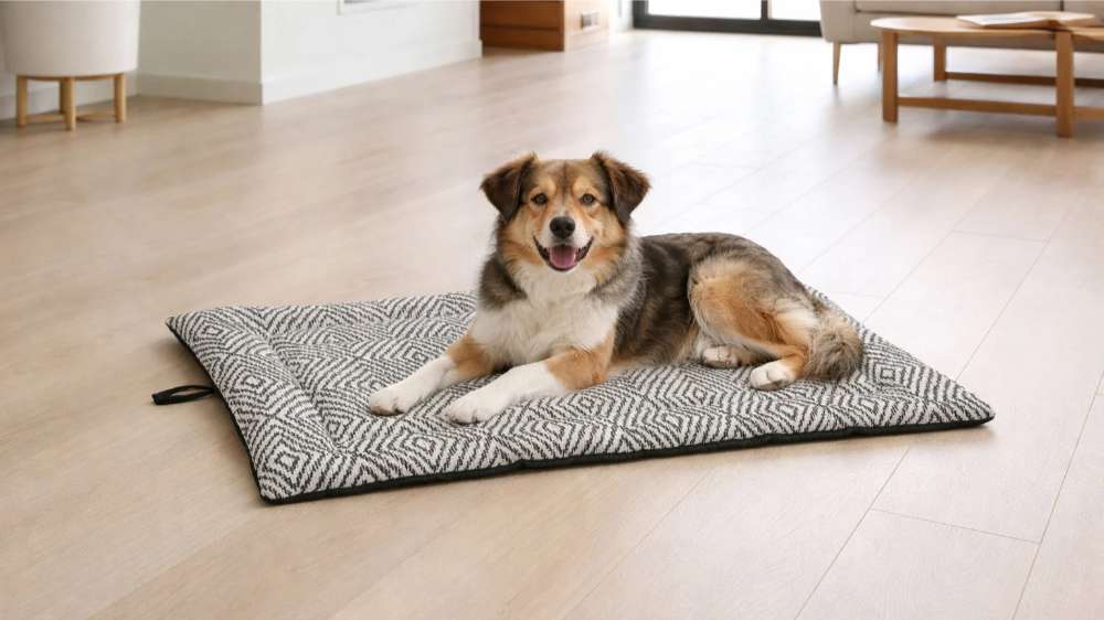Small mixed-breed dog rests happily on a patterned Bowsers Cosmopolitan Mat in a bright, modern living room with plenty of open space