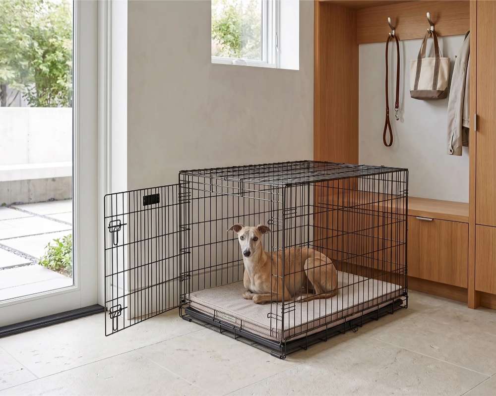 Small tan dog relaxes inside a wire crate on Bowsers Cool Gel Memory Foam Mattress in a bright entryway