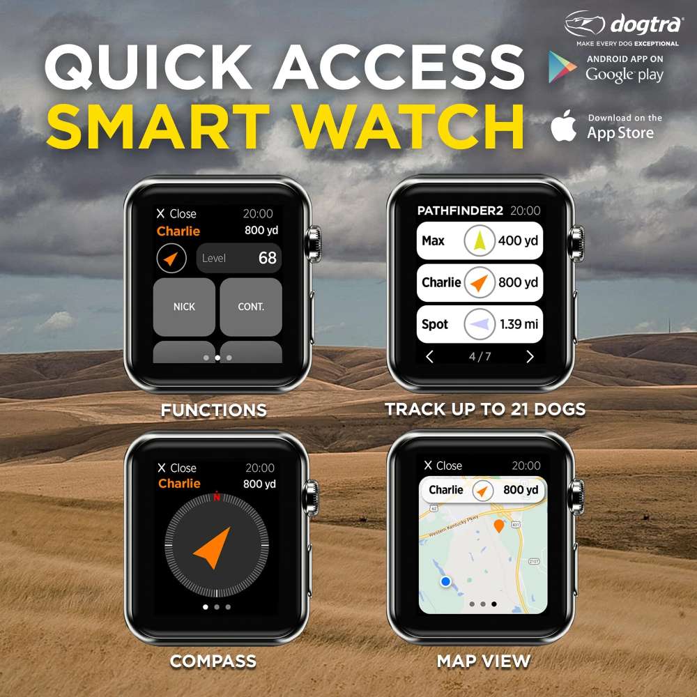 Smartwatch screens display tracking, compass, and map views, demonstrating quick access features of Dogtra GPS Pathfinder2 E-Collar 9 Mile Range