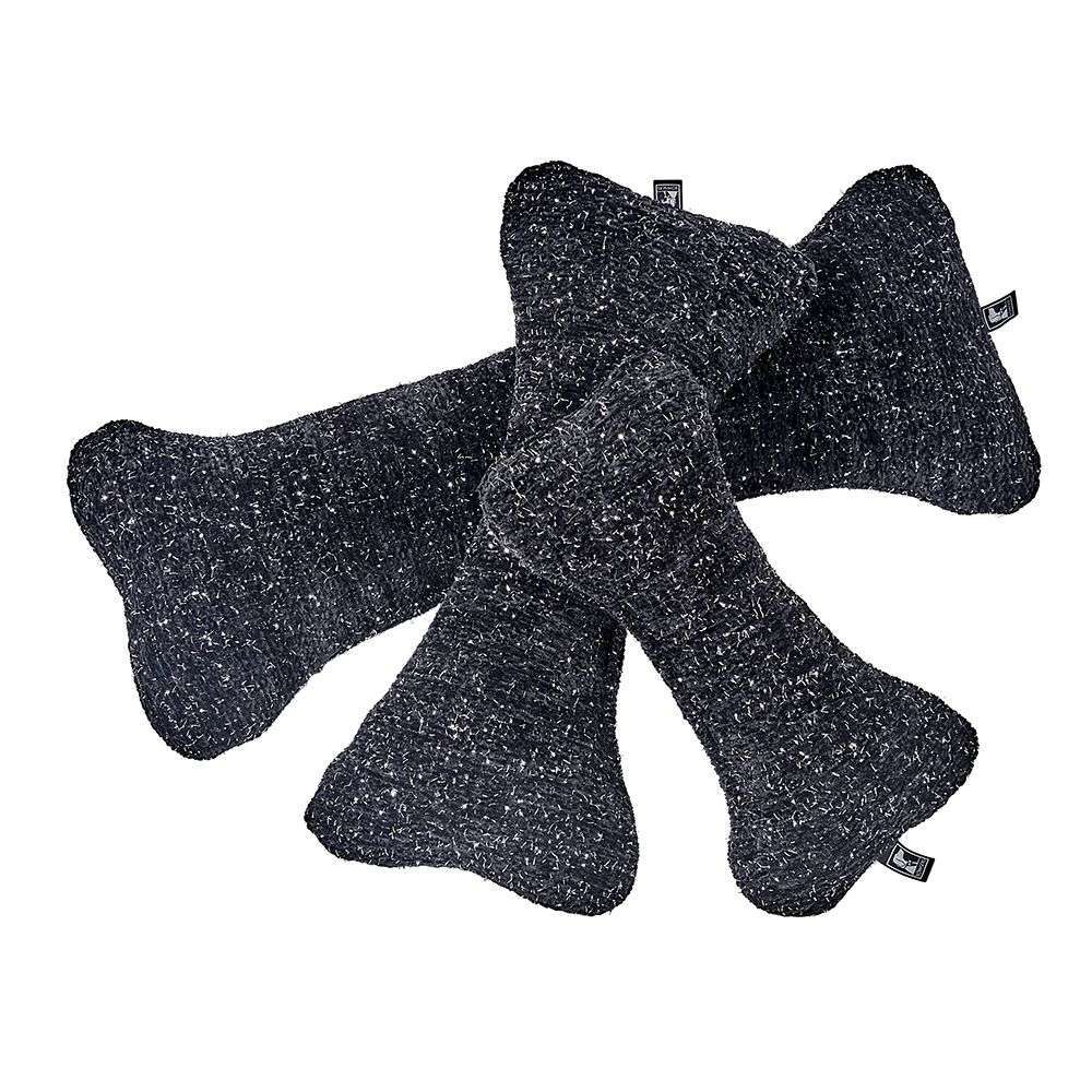 Stardust Bowsers Bumper Bone Pillow dark charcoal tweed bone-shaped dog toys stacked together on a plain background