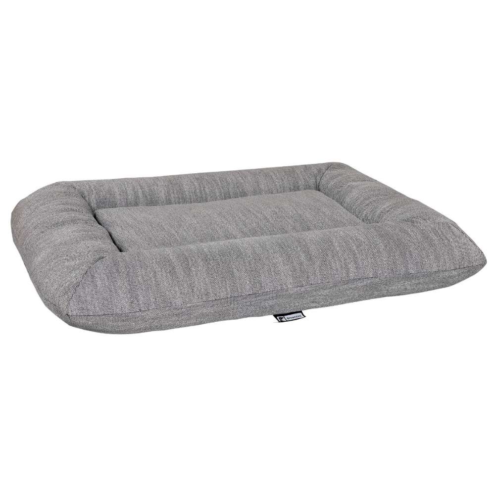 Stone Grey Bowsers Hugo Futon Dog Bed features a gray woven fabric design with a cushioned center and raised supportive edges