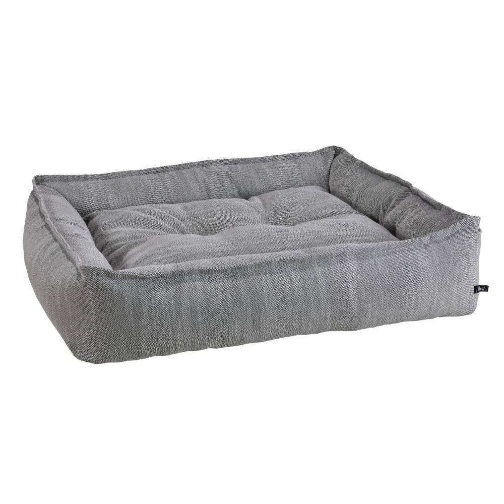 Stone Grey Bowsers Sterling Lounge Dog Bed in neutral gray features thick padded walls and a cozy tufted center cushion