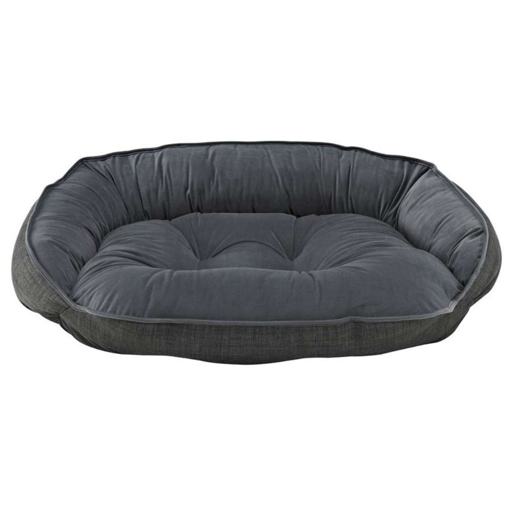Storm Bowsers Crescent Reversible Dog Bed with a smooth charcoal plush cushion and textured dark gray outer trim