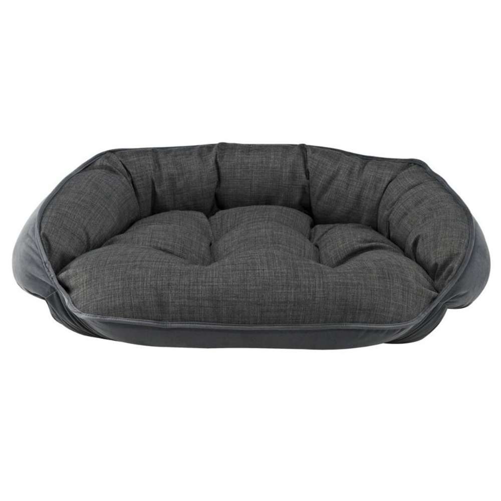 Storm Bowsers Crescent Reversible Dog Bed with dark gray fabric, thick tufted padding, and supportive raised sides