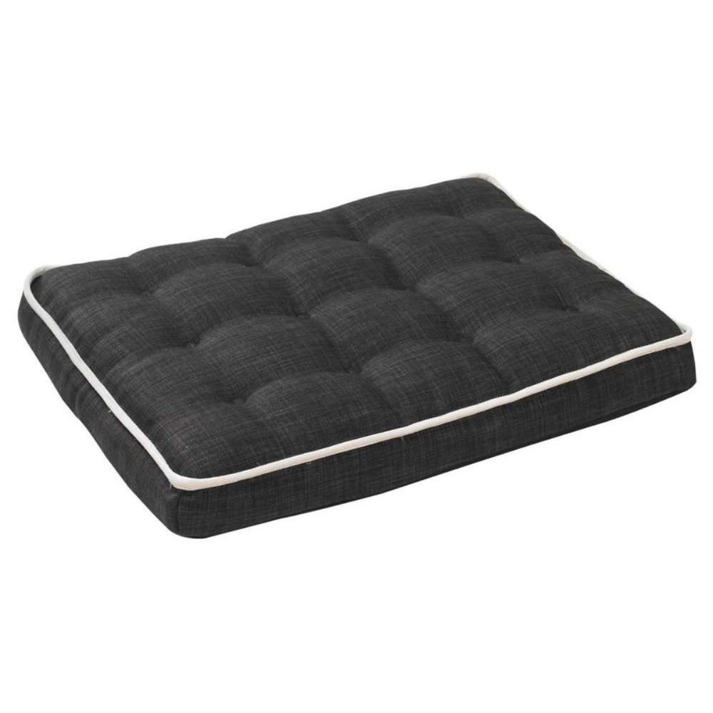 Storm Bowsers Luxury Crate Mattress Dog Bed in dark charcoal fabric with a thick tufted cushion and white piping accents