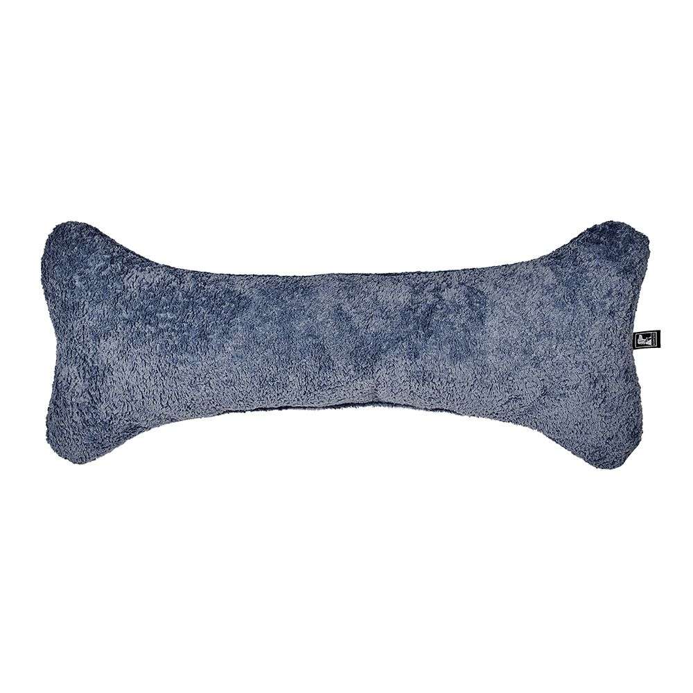 Stormberry Bowsers Bumper Bone Pillow blue fuzzy bone-shaped dog toy displayed horizontally with a velvety texture