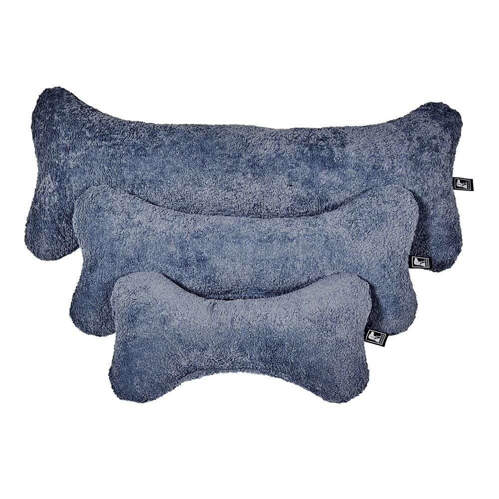 Stormberry Bowsers Bumper Bone Pillow blue plush dog pillows arranged together in three cozy bone-shaped sizes