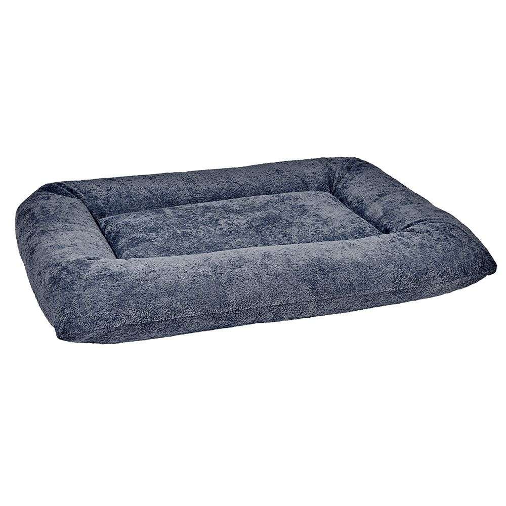 Stormberry Bowsers Hugo Futon Dog Bed features a dark blue plush fabric with a soft center cushion and thick padded borders