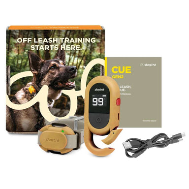 Tan Dogtra CUE GEN2 400 Yard Dog Remote Trainer is displayed with its box, remote, collar, manual, and charging cable beside a photo of a dog
