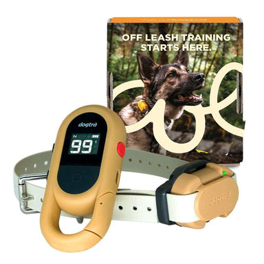 Tan Dogtra CUE GEN2 400 Yard Dog Remote Trainer is shown as a close-up of the remote and collar in front of its packaging with a dog image