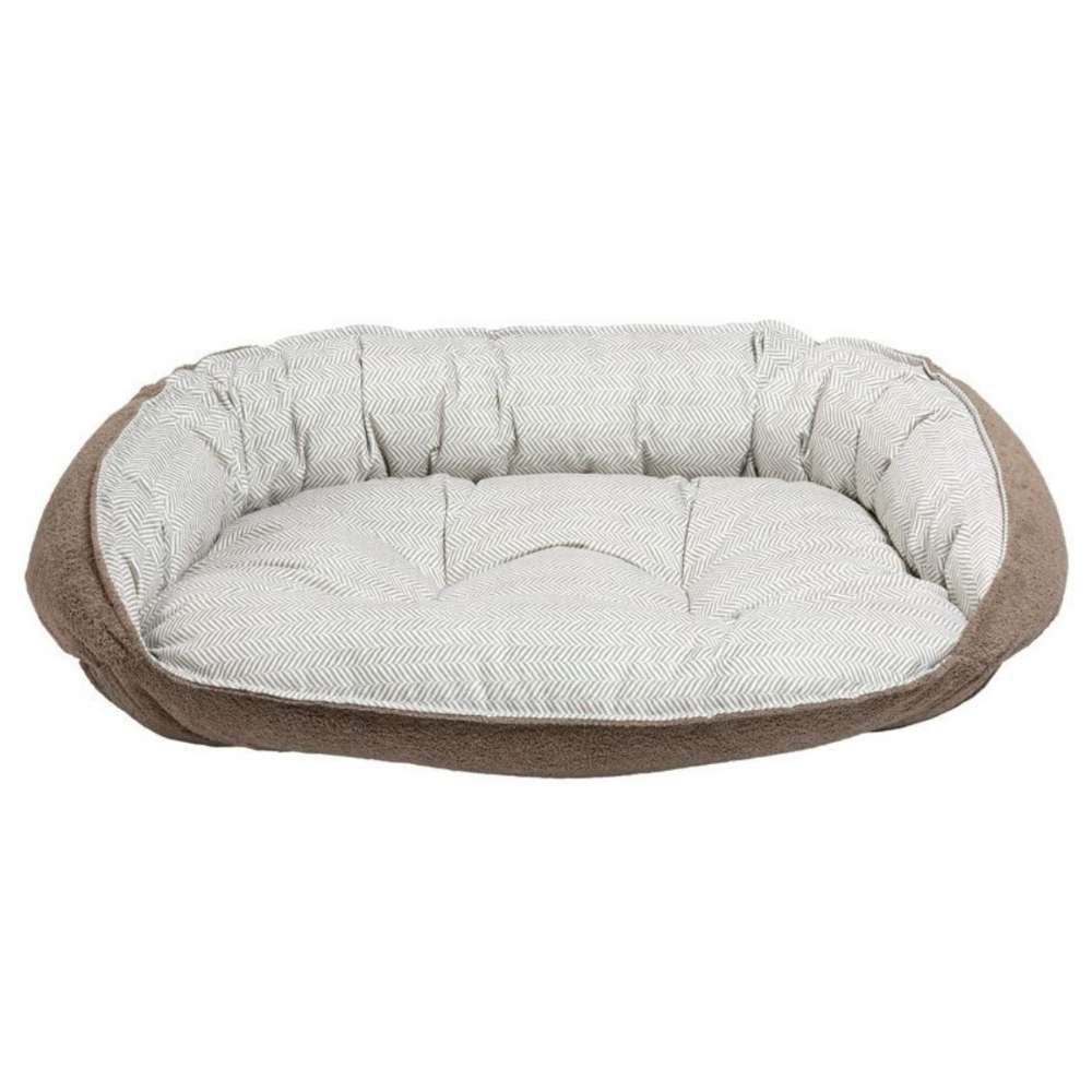 Taupe Herringbone Bowsers Crescent Reversible Dog Bed with a light taupe herringbone pattern and thick padded bolsters