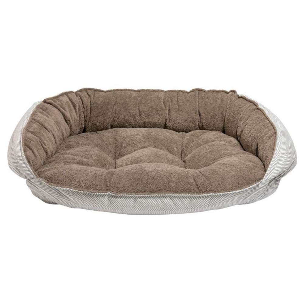 Taupe Herringbone Bowsers Crescent Reversible Dog Bed with a soft brown plush cushion and light herringbone patterned trim