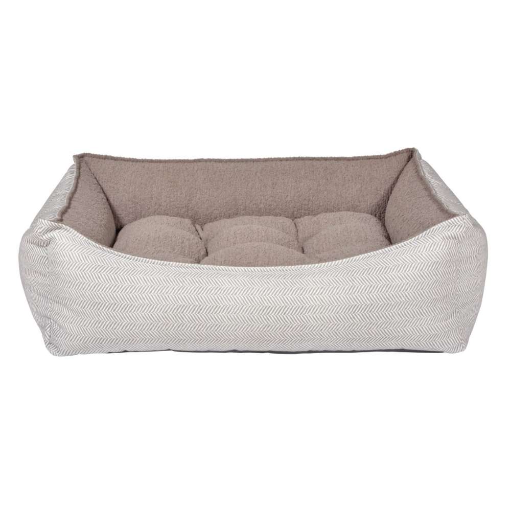 Taupe Herringbone Bowsers One Of A Kind Scoop Dog Bed is a soft taupe bed with a subtle herringbone pattern and a plush padded interior