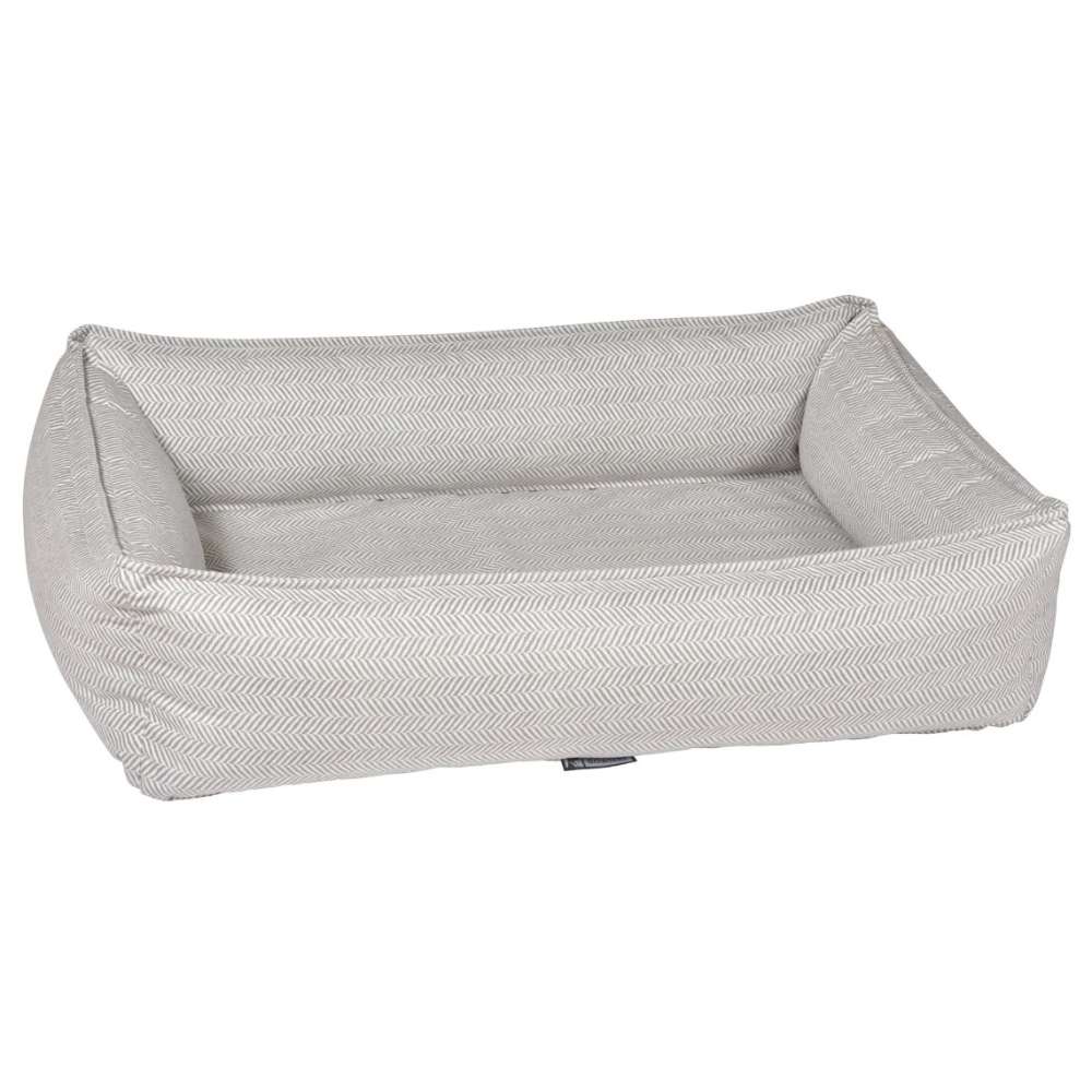 Taupe Herringbone Bowsers Urban Lounger Dog Bed in light taupe herringbone fabric with padded bolsters