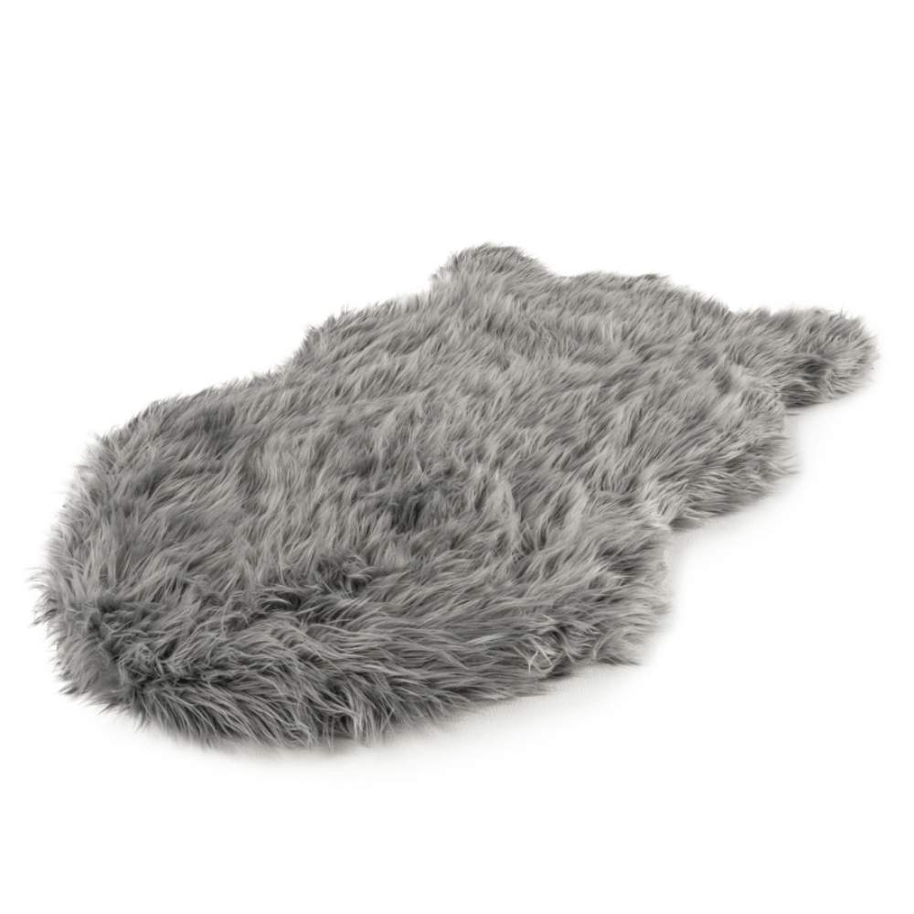 The Curve Charcoal Grey Paw PupRug Faux Fur Orthopedic Dog Bed is displayed without a dog, showcasing its luxurious grey faux fur texture