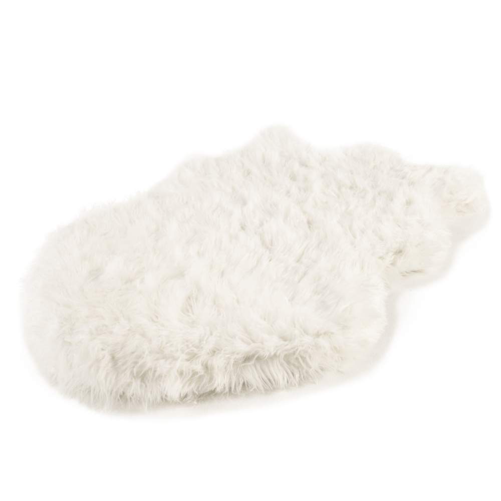The Curve Polar White Paw PupRug Faux Fur Orthopedic Dog Bed is shown without a dog, highlighting its fluffy white texture