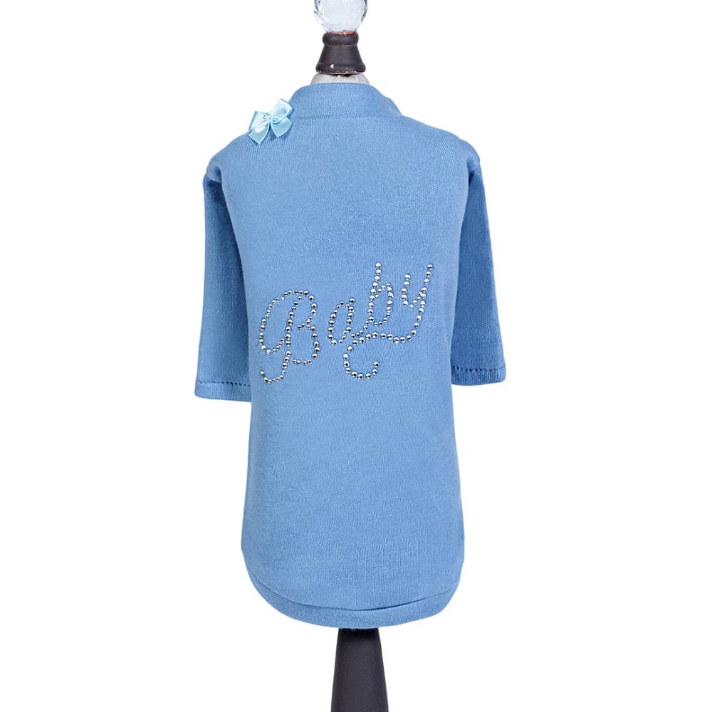 The Hello Doggie Baby Dog Tee in blue features a delicate bow on the collar and sparkling rhinestones spelling Baby on the back