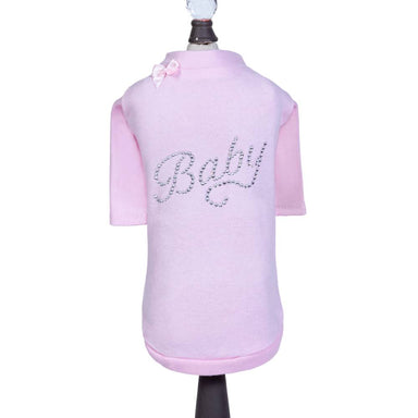 The Hello Doggie Baby Dog Tee in pink showcases a small bow on the collar and rhinestones forming the word Baby on the back