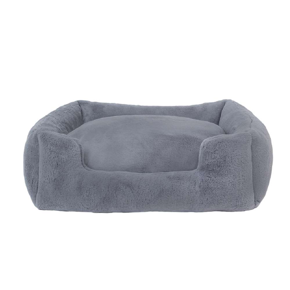 The Hello Doggie Big Baby Bed in alloy color features a plush, rectangular design with raised sides and a cozy, soft interior