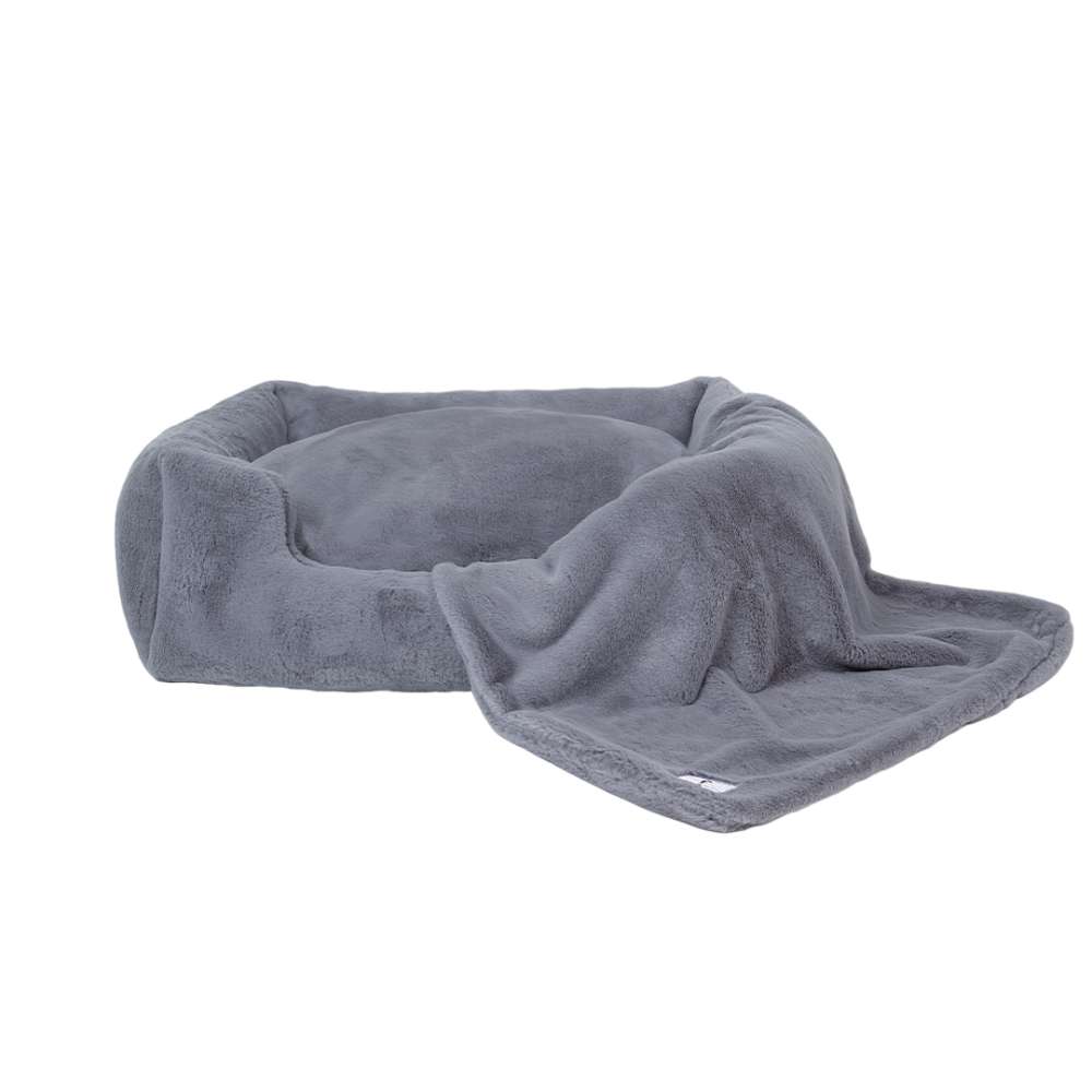 The Hello Doggie Big Baby Bed in alloy color includes a matching blanket, enhancing the bed's plush and cozy feel