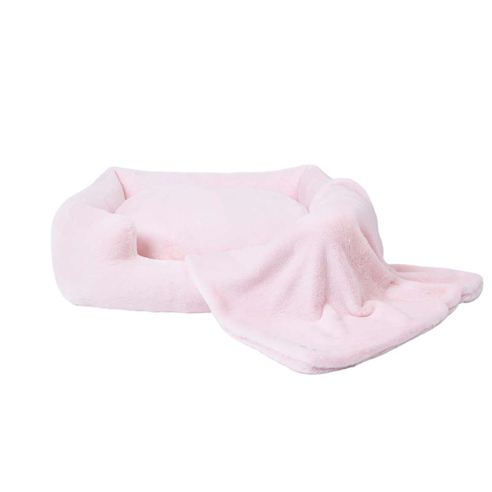 The Hello Doggie Big Baby Bed in ice pink color includes a soft, matching blanket