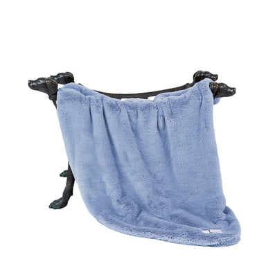The Hello Doggie Big Baby Dog Blanket in baby blue is depicted on a stand with four dog-shaped legs, showcasing its soft, blue texture